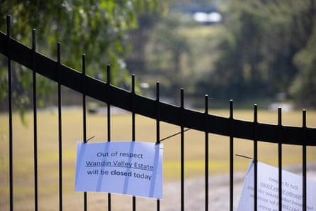Sign on the gates of the Wandin Estate Winery near Greta in the Hunter Valley, that reads 'Out of respect Wandin Valley estate will be closed today'.