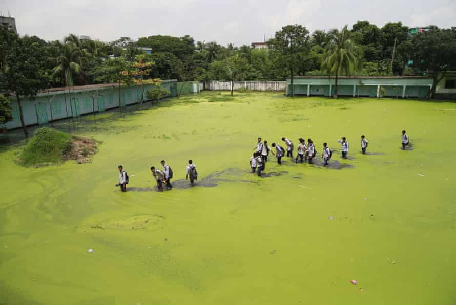 Bangladeshi school children walk through a flooded field as they return home after school at Demra in Dhaka. The mix of rain water and toxic waste from industries has turned the water green