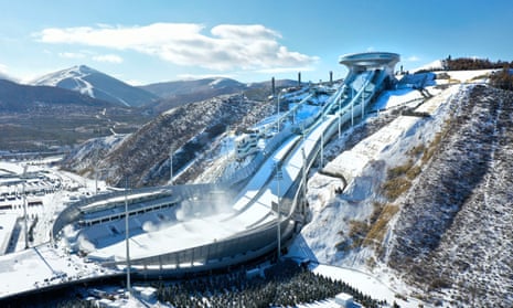 Snowmaking machines at the National Ski Jumping Center, in China’s Hebei Province