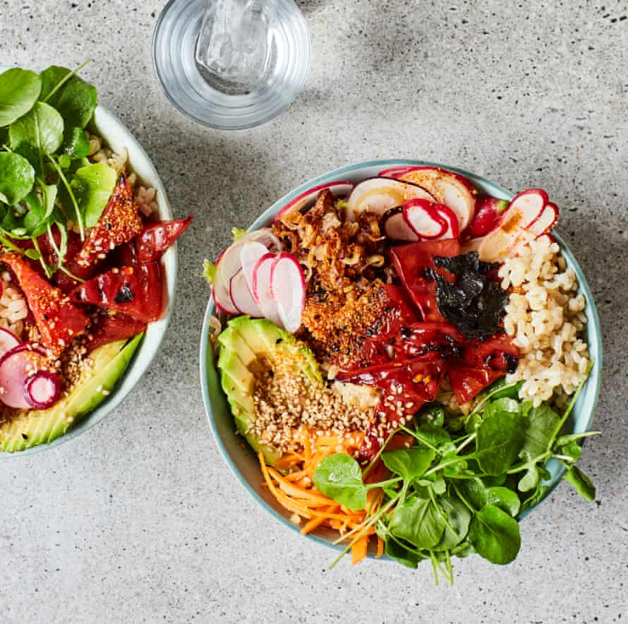 Ravinder Bhogal’s charred marinated watermelon poke bowl.