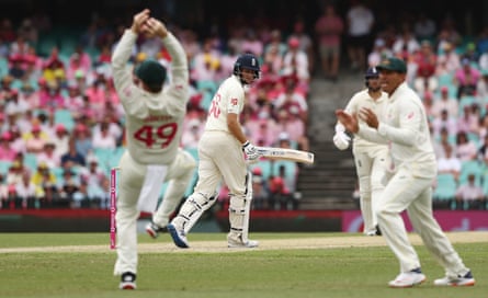 England’s Joe Root is caught by Steve Smith off the bowling of Scott Boland during day three of the fourth Ashes Test at Sydney in January 2022.