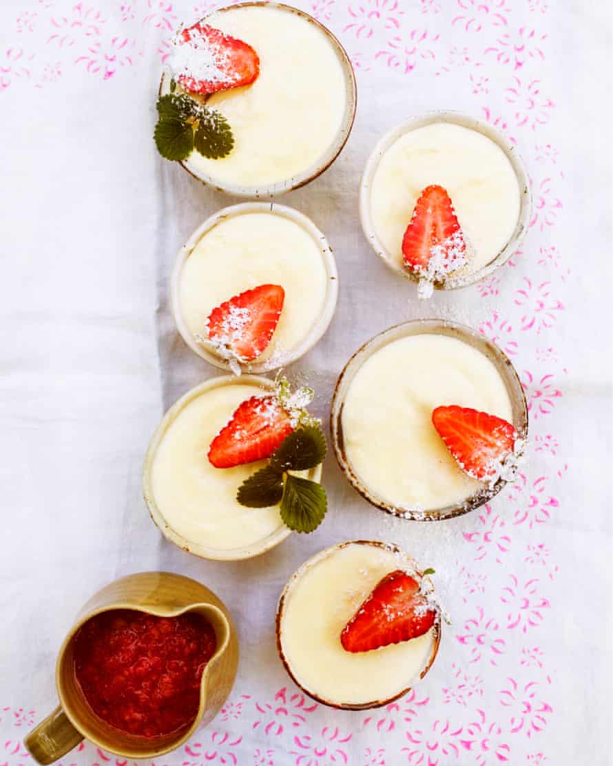Short and sweet: white chocolate mousse with strawberry sauce.