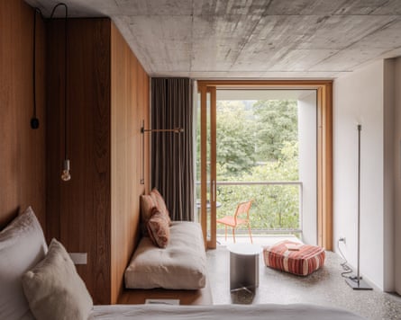 View from a room at Artbau Designhotel in the Black Forest into the nearby treetops.
