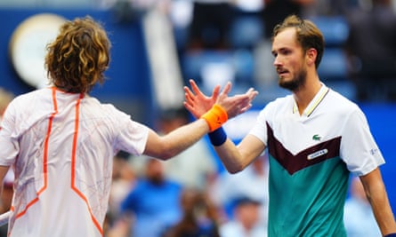 Andrey Rublev congratulates Daniil Medvedev after the No 3 seed’s victory in straight sets.