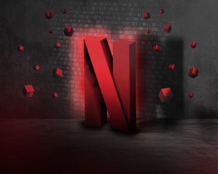 An illustration of the Netflix logo backed by algorithm data