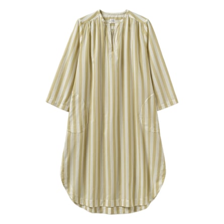 A pale lime and white striped cotton kaftan on a white background
