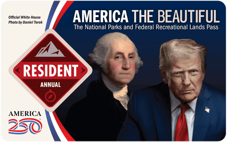 a National Parks card showing Donald Trump and George Washington and the words “America the beautiful”