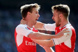 Nacho Monreal celebrates scoring Arsenal’s equaliser with Aaron Ramsey after Sergio Agüero opened the scoring for Manchester City during The FA Cup semi-final at Wembley.