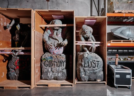 Three of the 7 Deadly Sins statues from Shazam and props in the Warner Bros Film Studio Archive.