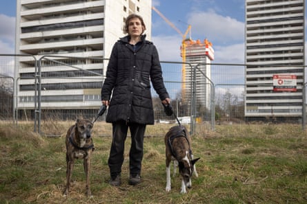A woman with two dogs