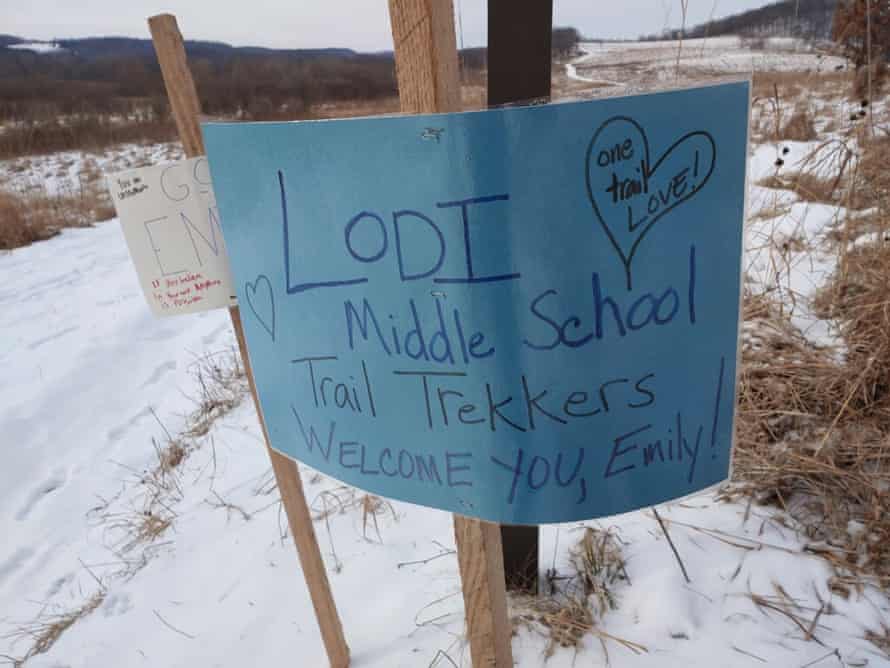 A sign welcoming Emily Ford on the Ice Age trail. It says "Lodi Middle School trail trekkers welcome you, Emily!"
