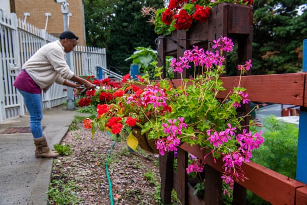 A woman tends to some flowers