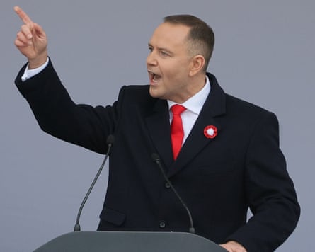 Nawrocki gestures as he speaks