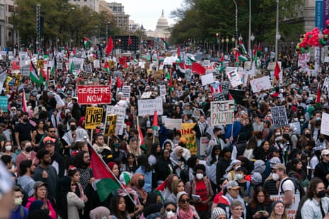 With the U.S Capitol n the background thousands of protesters rally during a pro-Palestinian demonstration at Freedom Plaza in Washington, Saturday, Nov. 4, 2023.