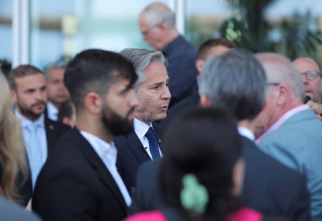 Antony Blinken outside his hotel in Tel Aviv meeting family members and supporters who gathered to demand the immediate release of the hostages.