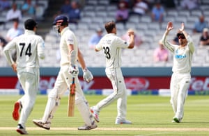 Tim Southee celebrates the wicket of Zak Crawley