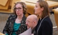Scottish Green party co-leaders Patrick Harvie and Lorna Slater listen to net zero secretary, Màiri McAllan, on 18 April as she announces scrapping of 75% carbon cut pledge.