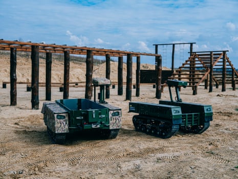 Termit ground robot equipped with Starlink and camera during a test drive at a shooting range in near Kyiv. Musk switched off Starlink for Russian combat forces.