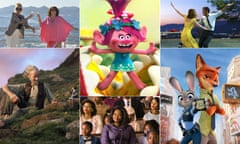 Composite of the films Absolutely Fabulous: The Movie, Trolls, Lala Land, Zootopia, Hidden Figures and the BFG