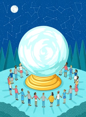 globe with young people standing round it