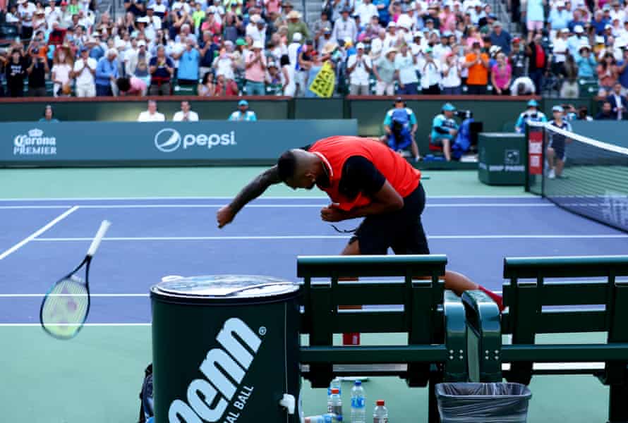 Rafael Nadal keeps cool to down combustible Kyrgios in Indian Wells quarter-finals | Tennis 1 Kyrgios smashes his racket.