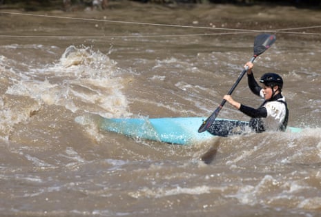 Georgia O’Callaghan in her slalom kayak tackles the high water levels on the Yarra River at Dights Falls in Abbotsford.