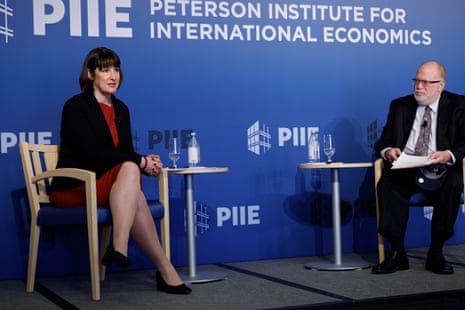 Rachel Reeves with the Peterson Institute of International Economics president Adam Posen as she delivered her speech to the thinktank in Washington today.