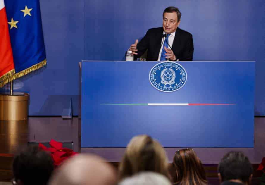 Italian Premier Mario Draghi speaking during the traditional year-end press conference in Rome today