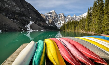 Colouful canoes at Moraine Lake in Banff National Park, Canada