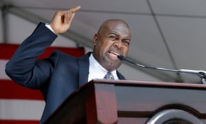 Newark Mayor Ras J Baraka, the son of Amina and Amiri, addresses a large gathering after being sworn-in on 1 July 2014.