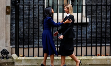 Olena Zelenska is greeted by Akshata Murty outside Downing Street in London.
