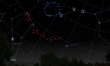 Artistic impression of what the Big Ring (shown in blue) and Giant Arc (shown in red) would look like in the sky if you could see them.