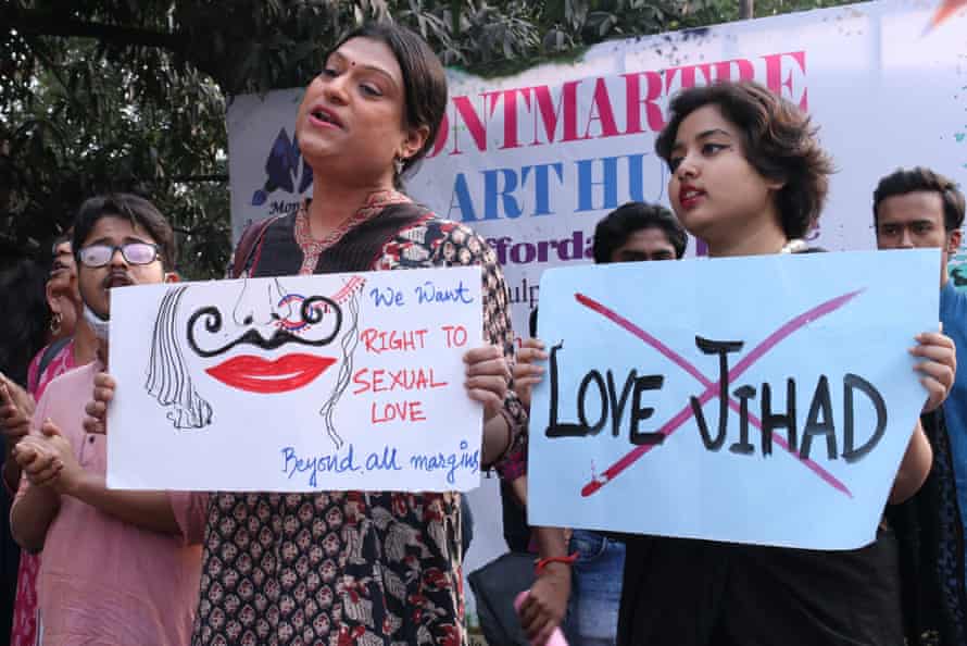 Students take part in a protest against love jihad in front of Academy of Fine Art in Kolkata