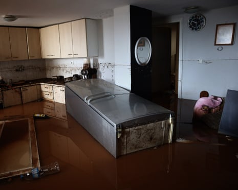 Aerial view of flooded streets in Nea Makri, Greece