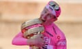 Tadej Pogacar enjoys his celebration after winning the Giro d'Italia