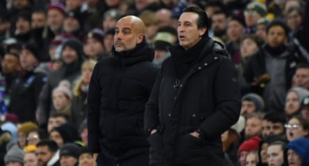 Pep Guardiola and Unai Emery watch on during Manchester City’s match against Aston Villa.