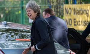 Theresa May on a Monday visit to Brooklands primary school in Sale, near Manchester.