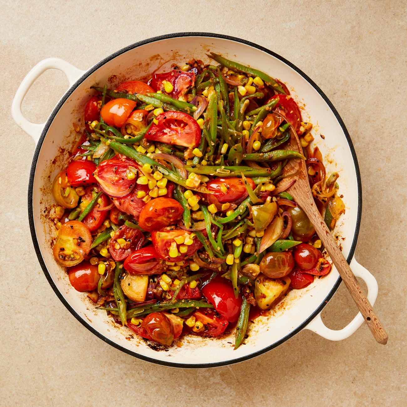 Meera Sodha's sweetcorn, tomato and runner beans with pickling spices.
