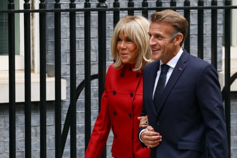 Emmanuel Macron and his wife, Brigitte Macron arriving in Downing Street to meet Andy Burnham.