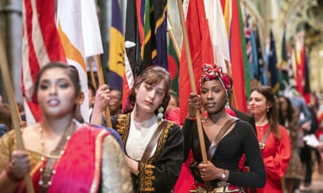 Flag bearers carrying the flags of the Commonwealth walk through Westminster Abbey the Commonwealth Service attended by members of the Royal family at Westminster Abbey in London, Monday, March 11, 2019. Commonwealth Day has a special significance this year, as 2019 marks the 70th anniversary of the modern Commonwealth - a global network of 53 countries and almost 2.4 billion people, a third of the world’s population, of whom 60 percent are under 30 years old. (Richard Pohle/Pool Photo via AP)