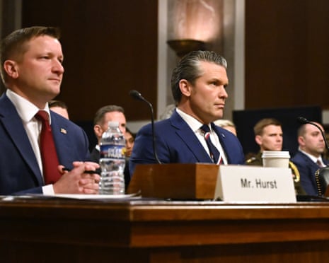 Acting Pentagon comptroller Jules W. Hurst and secretary of defense Pete Hegseth testify during the Senate armed services committee hearing.