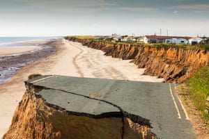 A collapsed coastal road between Skipsea and Ulrome on Yorkshire's east coast, UK