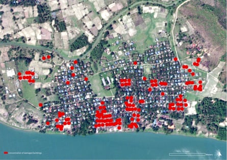 Satellite image recorded on May 14, 2020 showing approximately 140 buildings affected by fire in Tin Ma, Rakhine State that likely occurred between March 22 and 23, 2020. The damages reported are most likely an underestimate as internal damage is not visible. Damage analysis by Human Rights Watch