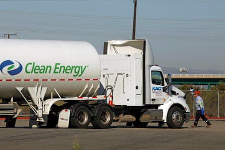 A man arrives to transfer natural gas from his truck to a natural gas fueling station near the border between the Port of Los Angeles and the Port of Long Beach, which is owned and operated by Clean Energy Fuels.