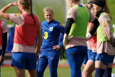 Sarina Wiegman takes a training session at St George’s Park.