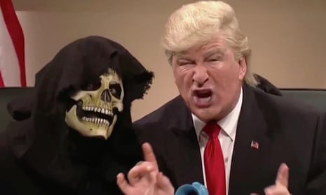 Alec Baldwin’s Donald Trump opens Saturday Night Live along with Steve Bannon, depicted as the grim reaper.