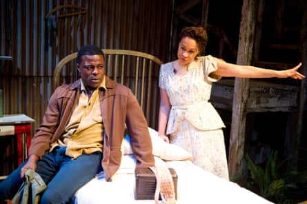 Laird with Danny Sapani in Moon on a Rainbow Shawl at the National Theatre in 2012.