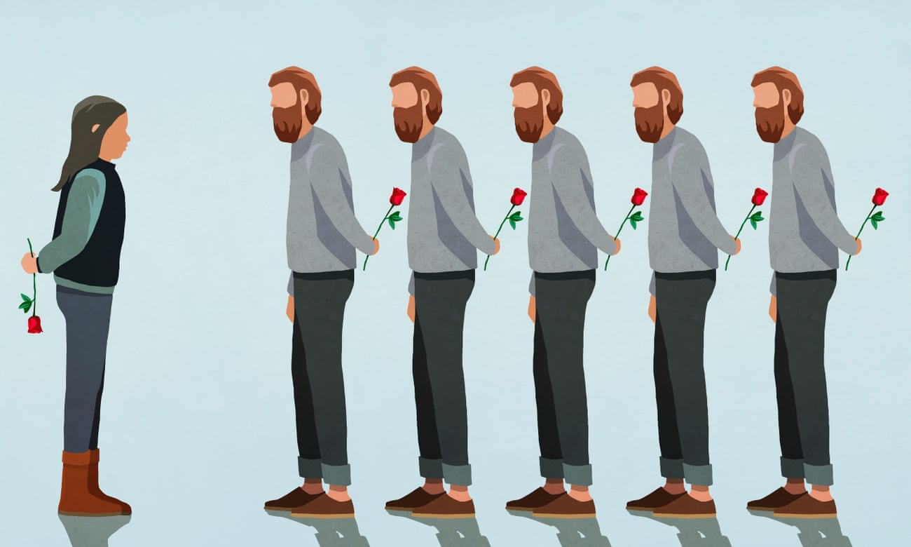 Woman with a line of men holding roses behind their backs
