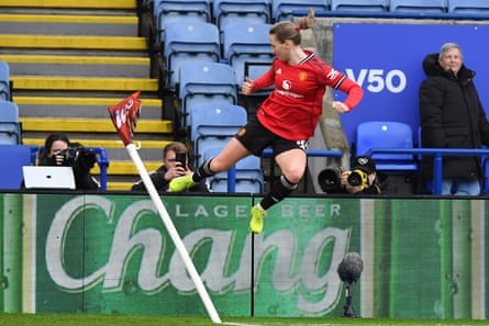Elisabeth Terland kicks the corner flag after scoring at Leicester