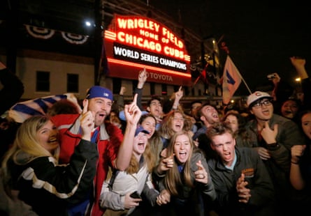 Cubs fans celebrate outside Wrigley Field back in Chicago